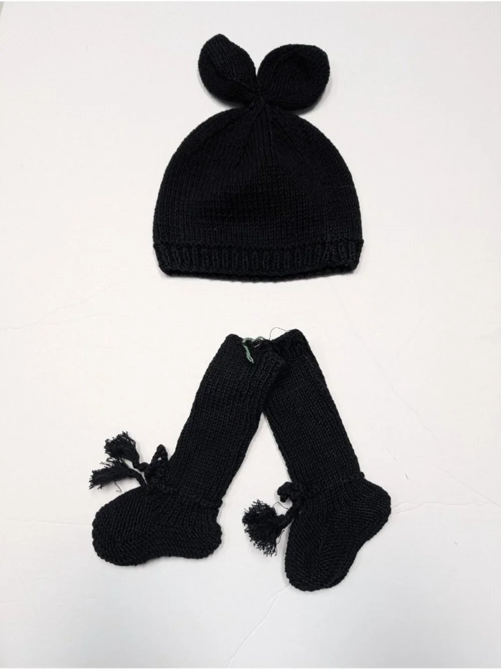Kate Quinn Organic Cotton WLFA Black Bunny Ear Hat & Tall Booties Sweater Knit
